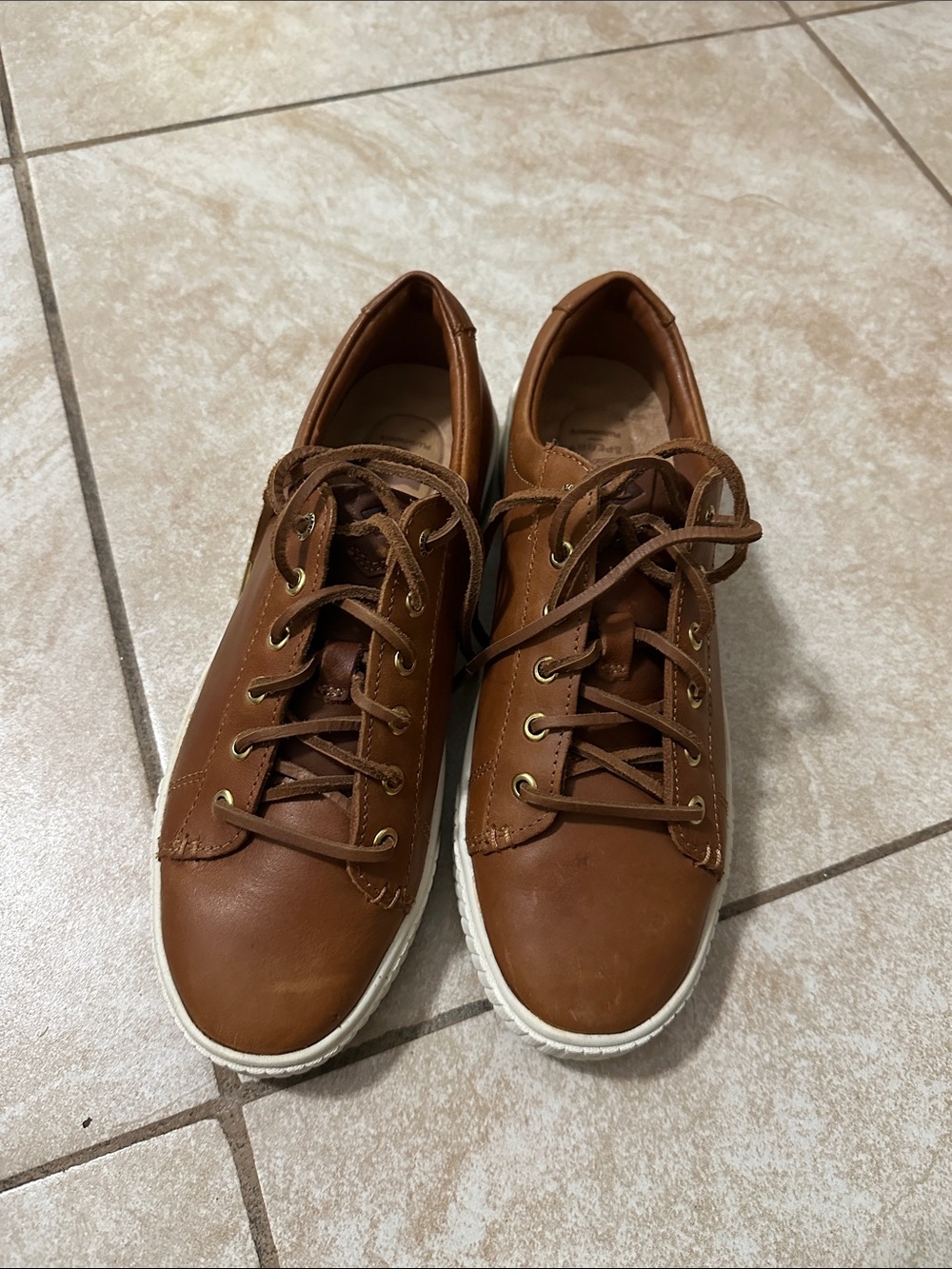 Sperry Tan Leather Lace-Up Sneakers with White Soles